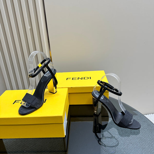 FENDI DELFINA HIGH-HEELED 10 CM SANDAL IN BLACK FF CANVAS