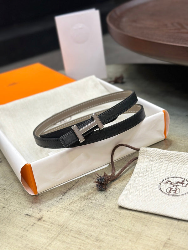 HM FOCUS BUCKLE & REVERSIBLE KHAKI BROWN AND BLACK LEATHER STRAP 13MM SILVER HARDWARE