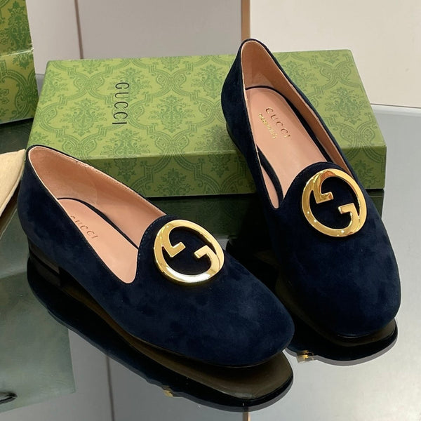 BLONDIE LOGO-PLAQUE LOAFERS IN SPACE BLUE SUEDE