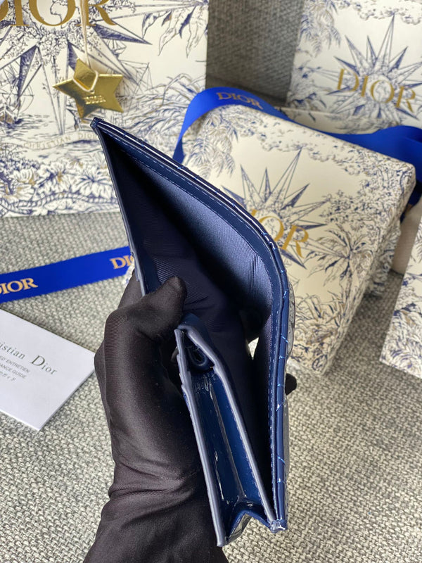 CD Caro 11cm Compact Wallet Shiny Blue Calfskin