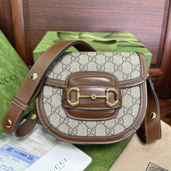 GG 18 HORSEBIT 1955 MINI BAG TELA BEIGE E PELLE DI VITELLO EBANO