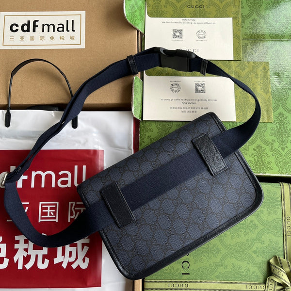 BORSA DA MARSUPIO PICCOLA OPHIDIA 23 IN TELA MONOGRAMMA BLU SCURO E FINITURE IN PELLE DI AGNELLO NERA