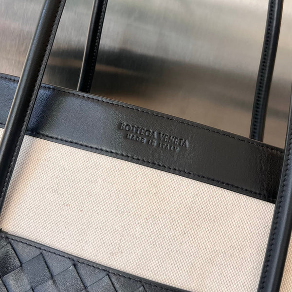 PORTELLO 41 TOTE IN BLACK CALFSKIN AND WHITE CANVAS