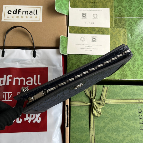 BORSA OPHIDIA 26 IN TELA MONOGRAMMA BLU SCURO E FINITURE IN PELLE DI AGNELLO NERA