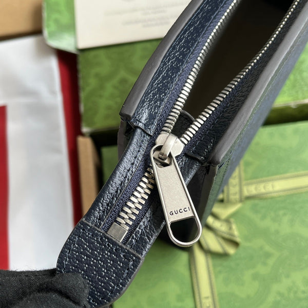 BORSA OPHIDIA 26 IN TELA MONOGRAMMA BLU SCURO E FINITURE IN PELLE DI AGNELLO NERA