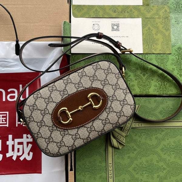 Gucci Horsebit 1995 Small Bag Brown mix Beige Leather 240125