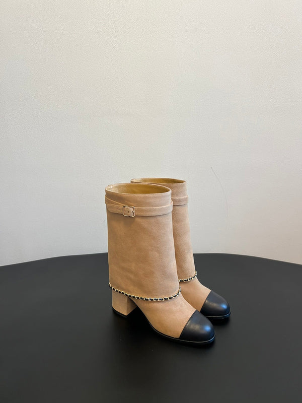 CC Short Boots Dark Beige With Chain Suede And Cowhide  944965