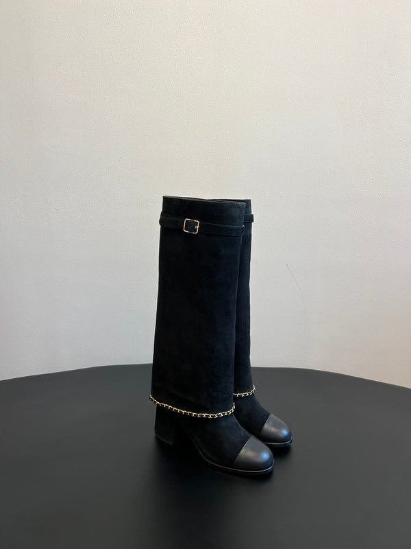 CC Hight Boots Black With Chain Suede And Cowhide 944967