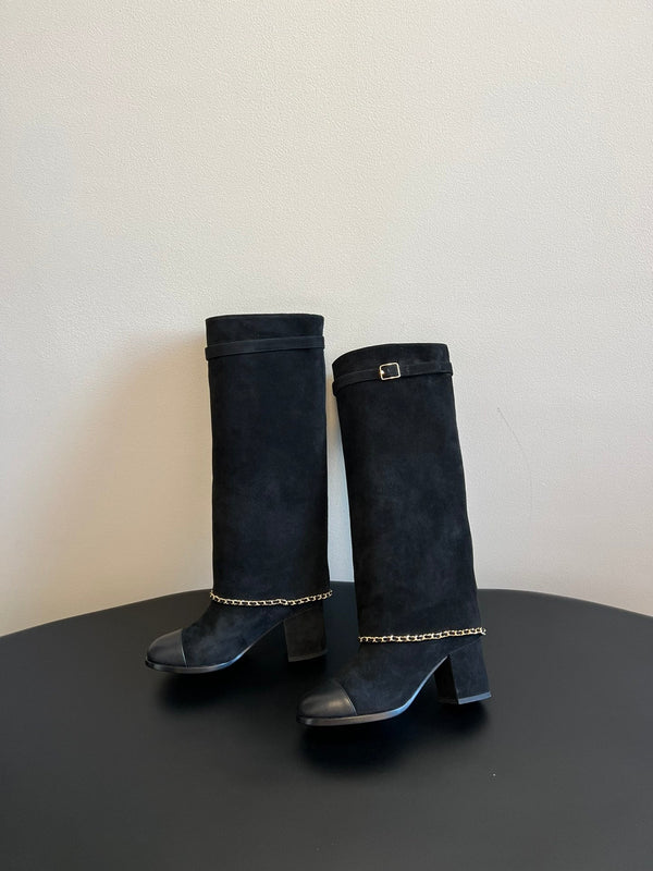 CC Hight Boots Black With Chain Suede And Cowhide 944967
