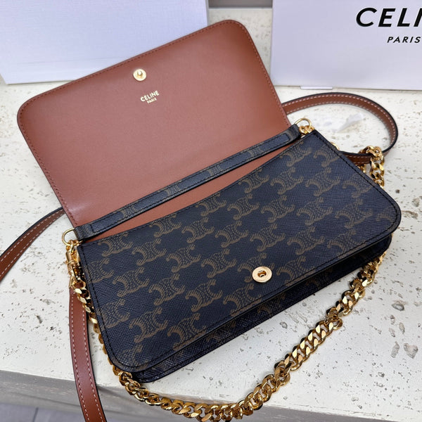 celin multipochette 20 triomphe tela pelle di vitello marrone chiaro