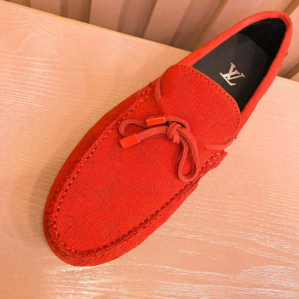 MOCASSINO LV IN DENIM MONOGRAM ROSSO CREMISMO CON FIOCCO