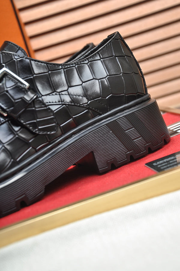 HM MONK STRAP BLACK WITH CROCODILE MOTIF CALFSKIN