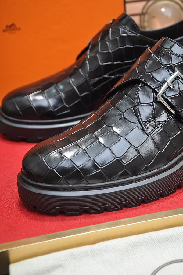 HM MONK STRAP BLACK WITH CROCODILE MOTIF CALFSKIN