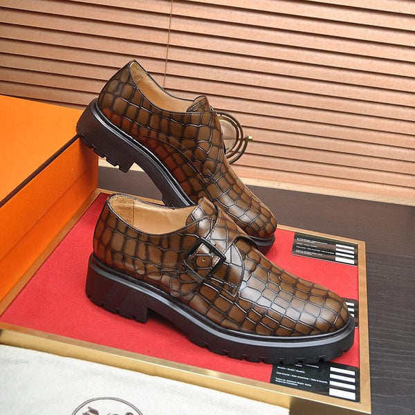 HM MONK STRAP CARAMEL WITH CROCODILE MOTIF CALFSKIN