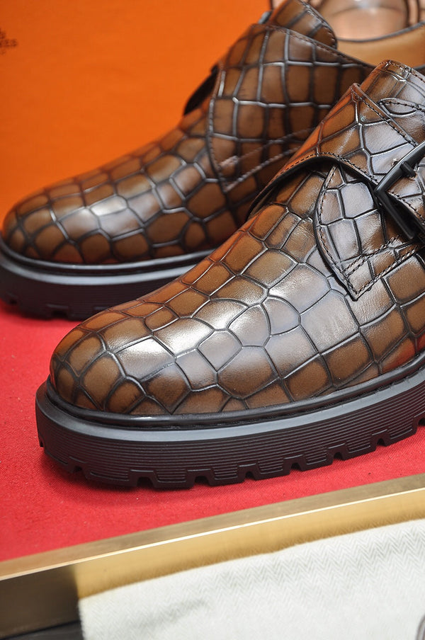 HM MONK STRAP CARAMEL WITH CROCODILE MOTIF CALFSKIN