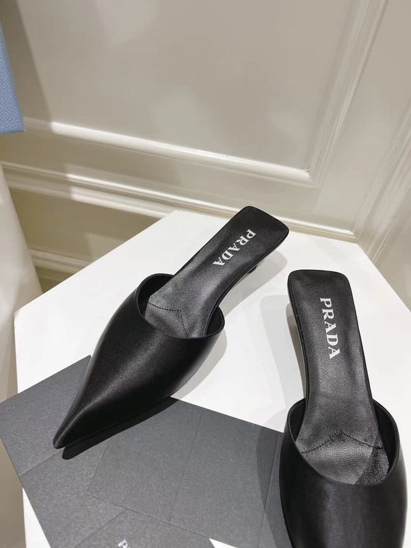 PRA POINTED-TOE MULES BLACK SATIN
