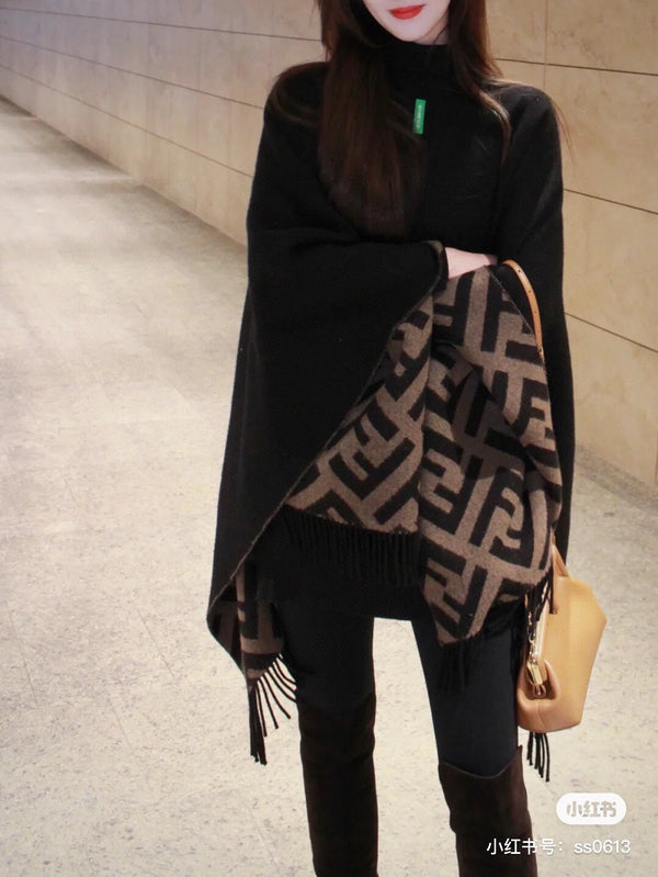 FF 170 CM SCARF IN CAMEL BROWN MIX BLACK CASHMERE AND WOOL