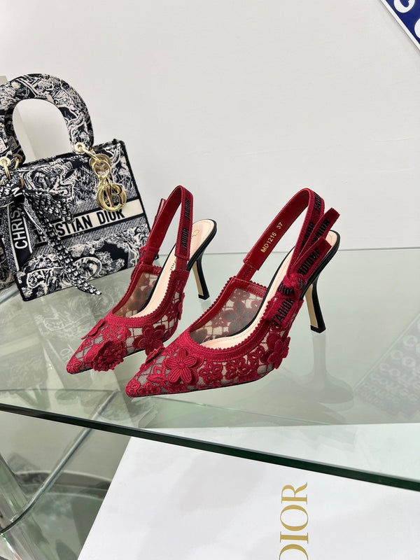 J'Adior Slingback Pump 95mm In Red Floral Embroidered Lace Fabric 100846