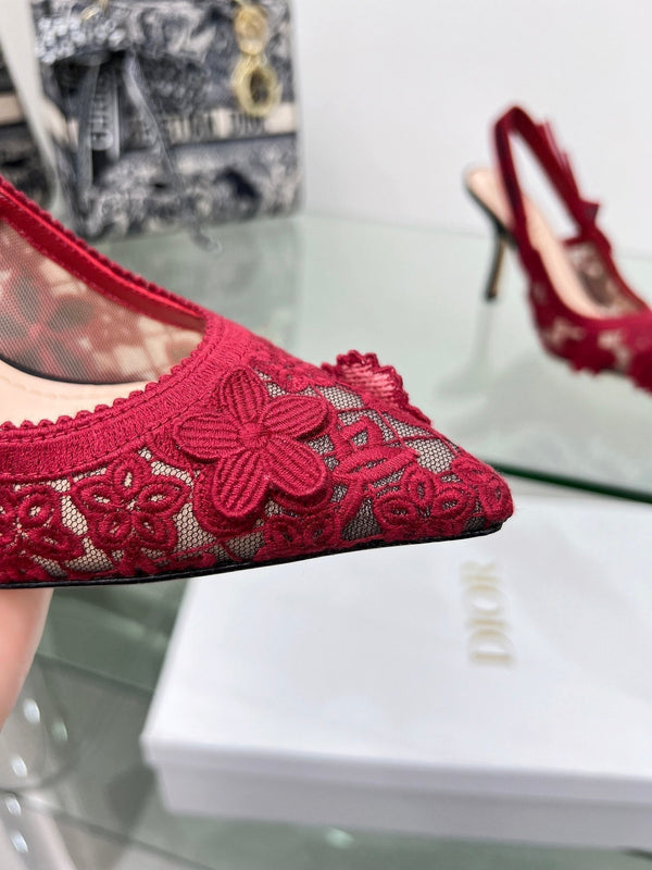 J'Adior Slingback Pump 95mm In Red Floral Embroidered Lace Fabric 100846