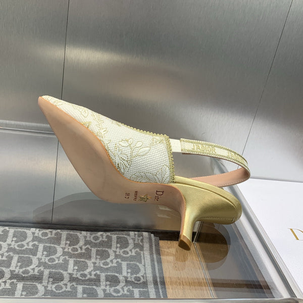 Décolleté JAdior Slingback 65 in cotone ricamato Toile de Jouy Messico bianco e oro con filo metallico