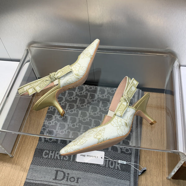 Décolleté JAdior Slingback 65 in cotone ricamato Toile de Jouy Messico bianco e oro con filo metallico