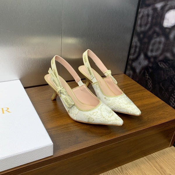 Décolleté JAdior Slingback 65 in cotone ricamato Toile de Jouy Messico bianco e oro con filo metallico