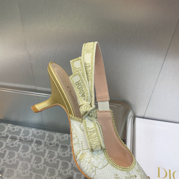 Décolleté JAdior Slingback 65 in cotone ricamato Toile de Jouy Messico bianco e oro con filo metallico