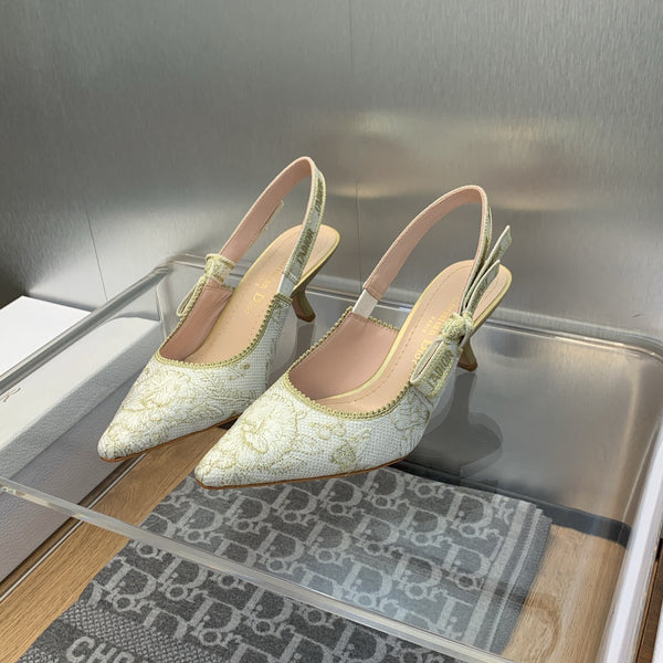 Décolleté JAdior Slingback 65 in cotone ricamato Toile de Jouy Messico bianco e oro con filo metallico