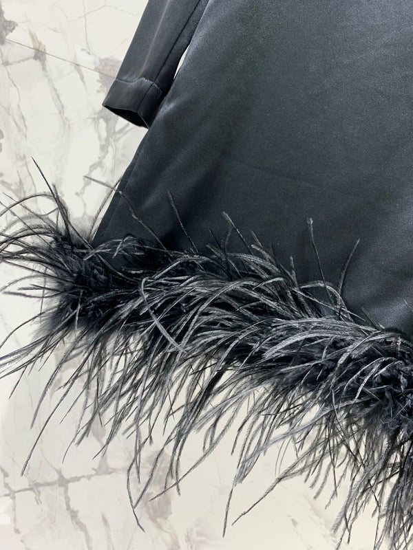 Miu Miu Ostrich Feather Dress Black Acetate Satin Fabric