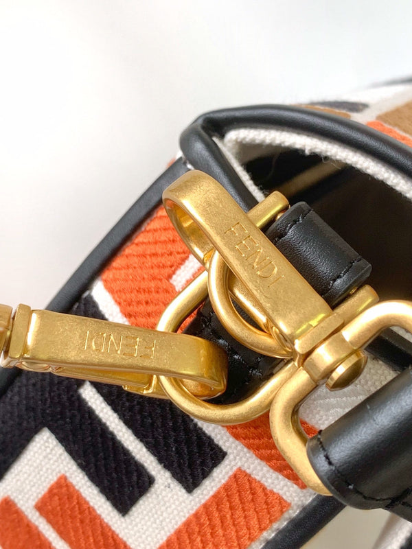 Fend Baguette Black White Brown Orange Canvas Bag 27 with FF Embroidery Ghw