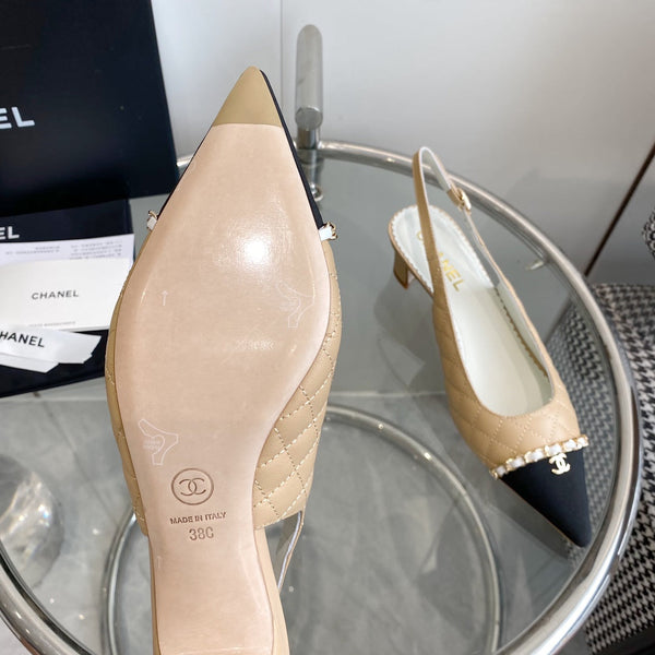 cc slingback pumps 45 beige quilted lambskin black grosgrain pointed toe 582850