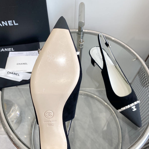 cc slingback pumps 45 black seude black grosgrain point toe 582851