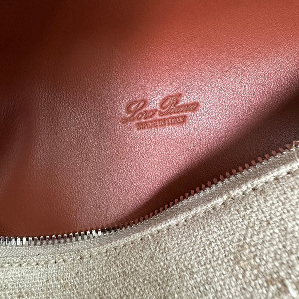 TASCA EXTRA L19 IN TELA BIANCA E PELLE DI VITELLO MARRONE BRONZO CON FERRAMENTA ARGENTATA