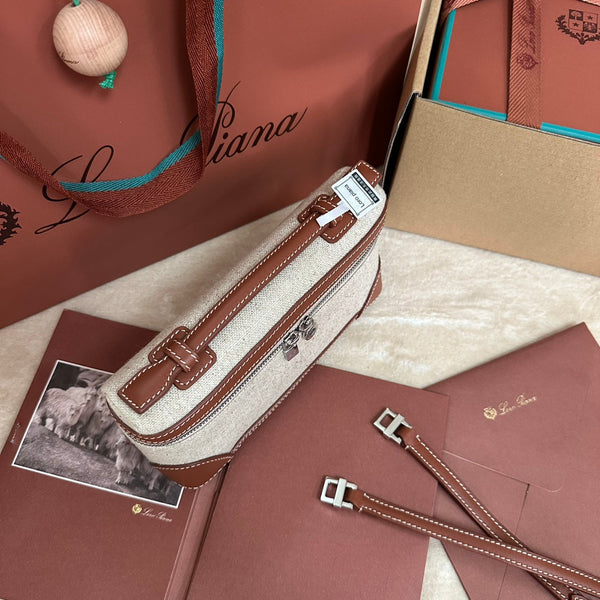 TASCA EXTRA L19 IN TELA BIANCA E PELLE DI VITELLO MARRONE BRONZO CON FERRAMENTA ARGENTATA