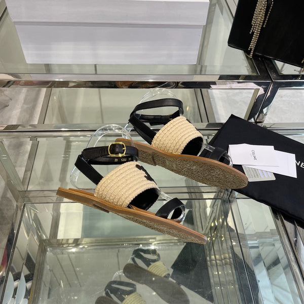 LYMPIAR FLAT STRAP SANDAL IN RAFFIA CALFSKIN BLACK BEIGE