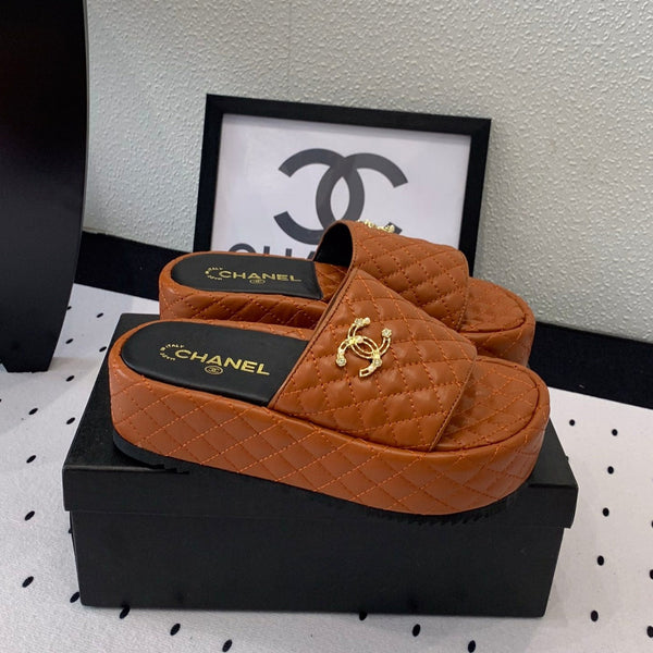 cc dark brown quilted calfskin platform