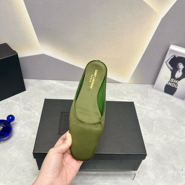 SL SQUARE TOE FLAT MULES MOSS SATIN
