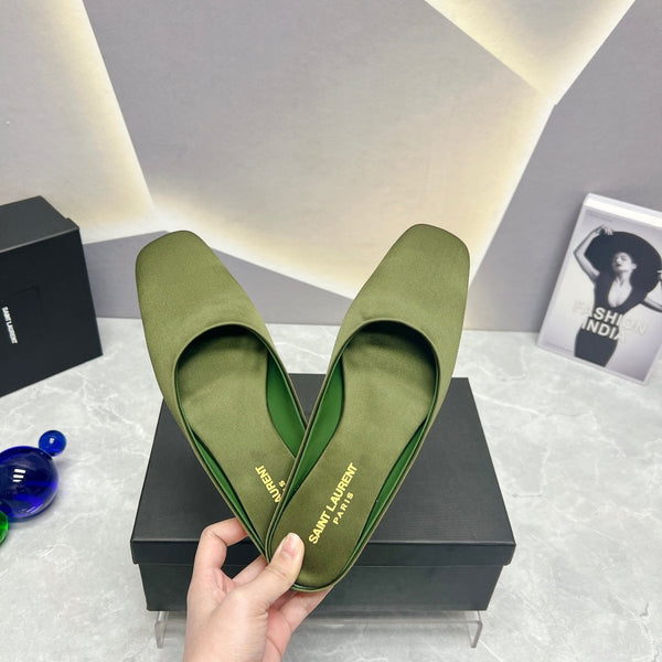 SL SQUARE TOE FLAT MULES MOSS SATIN