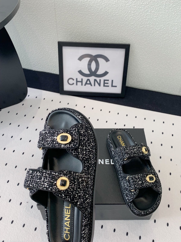 dad sandal mule black white tweed