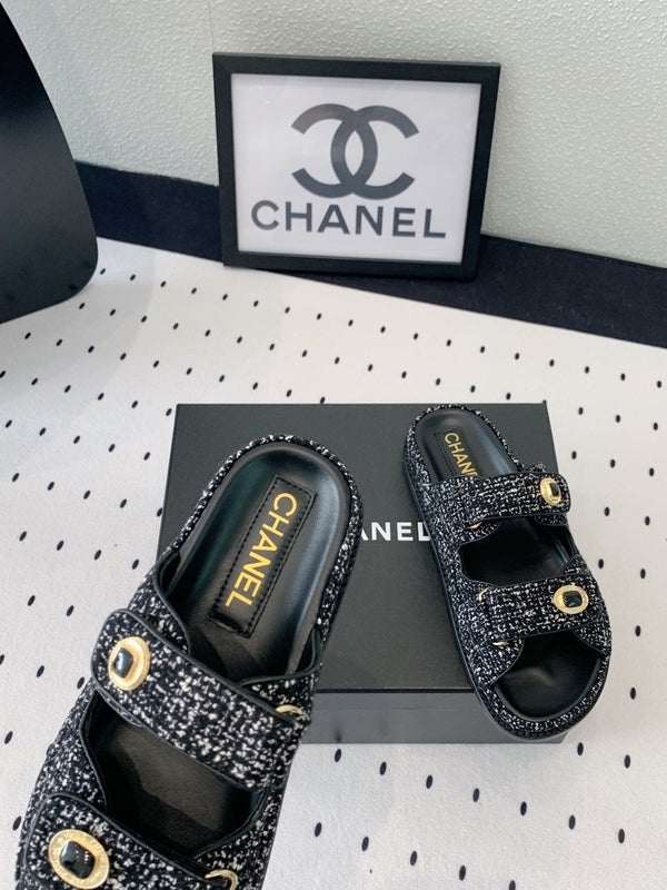 dad sandal mule black white tweed