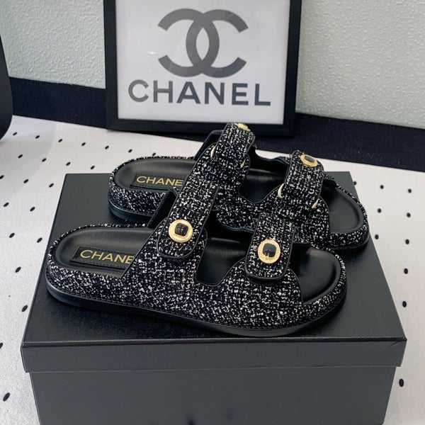 dad sandal mule black white tweed