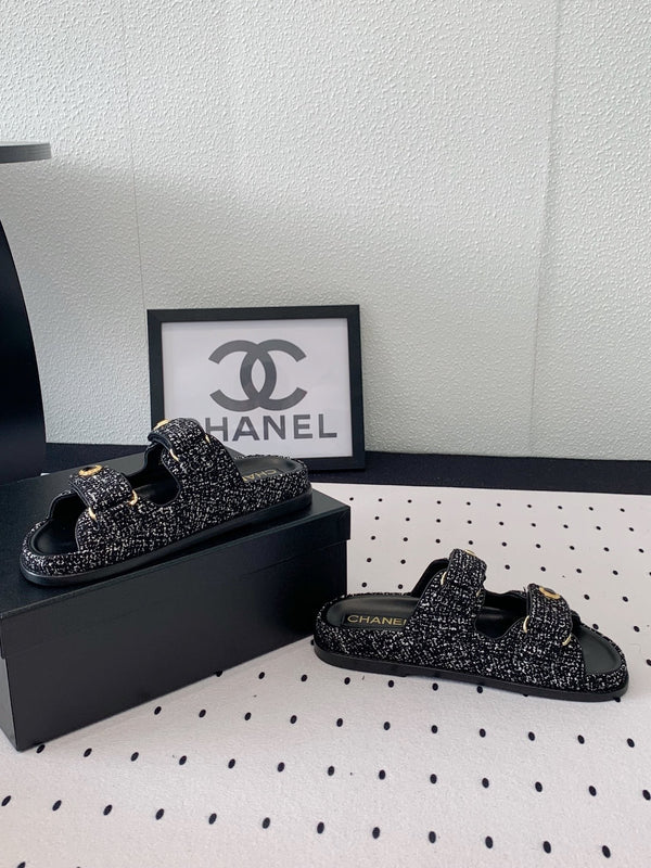 dad sandal mule black white tweed