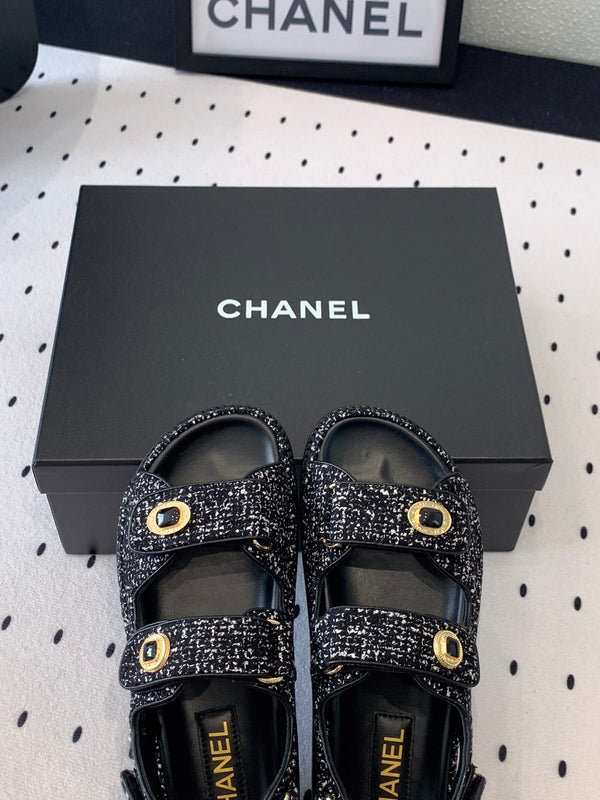 dad sandal black white tweed