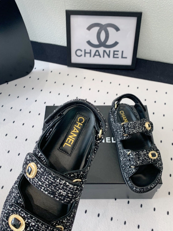 dad sandal black white tweed