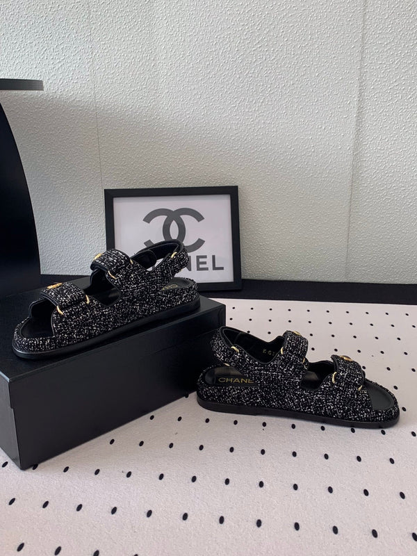 dad sandal black white tweed