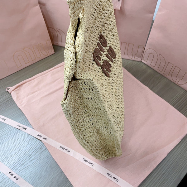 miu tote bag 38cm beige woven fabric