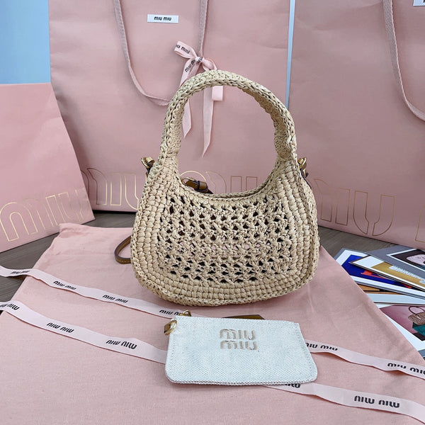 miu wander hobo bag 20cm beige woven fabric
