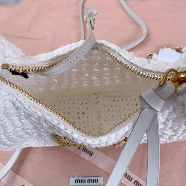 borsa hobo miu wander 20cm tessuto intrecciato bianco