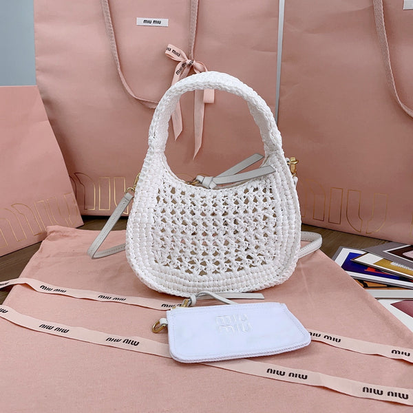 borsa hobo miu wander 20cm tessuto intrecciato bianco