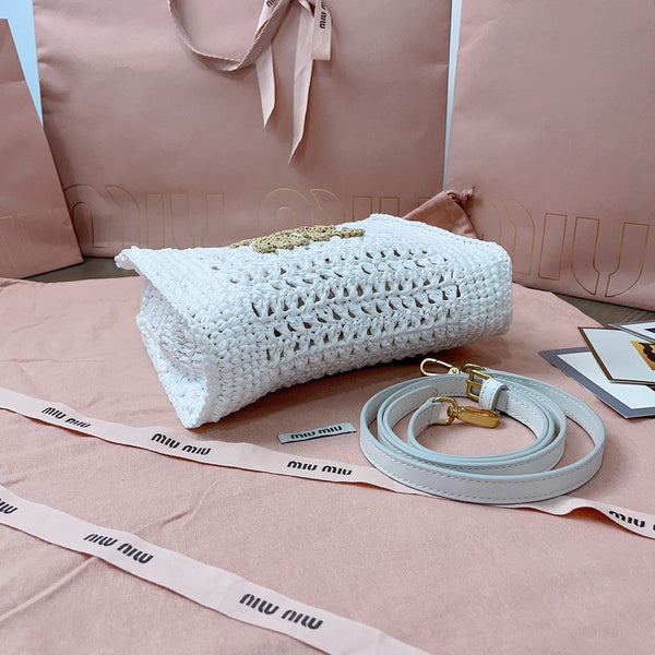 miu tote bag 22cm white woven fabric